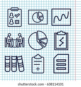 Set of 9 report outline icons such as medical clipboard, pie chart, meeting, binder, chart, check list, paper