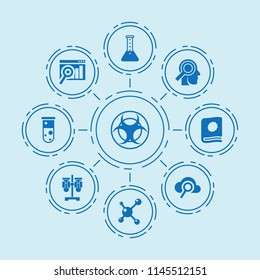 Set of 9 research filled icons such as search graph, search cloud, test tube, medical examination of head, molecule, hazard