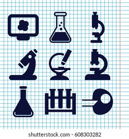 Set of 9 research filled icons such as microscope, test tube, core