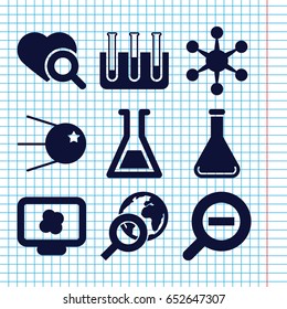 Set of 9 research filled icons such as heart search, test tube, zoom out, globe search, core, atom on display