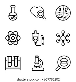 set of 9 research outline icons such as test tube, drop counter, heart search, zoom out, atom, microscope, virus