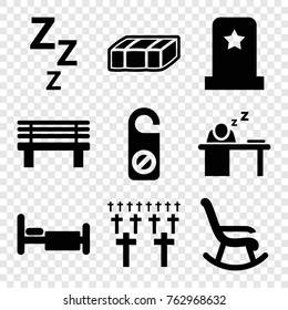 Set of 9 rest filled icons such as garden bench, do not disturb, rocking chair, zzz, bench, bed, man sleeping on table, headstone