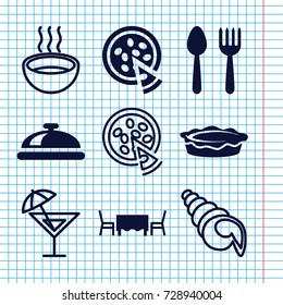 Set of 9 restaurant filled and outline icons such as spoon and fork, dish, pie, pizza, restaurant table, soup, cocktail