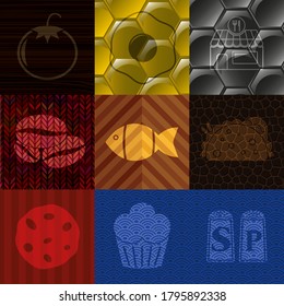 Conjunto de 9 iconos planos del restaurante. Delicado fondo. Ilustración artística. 