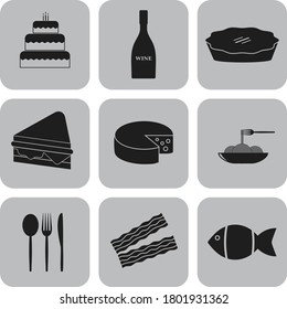 Set of 9 restaurant flat icons. Handsome background. Illustration. 