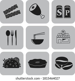 Set of 9 restaurant flat icons. Fancy background. Illustration. 