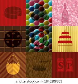 Set von 9 Restaurant-Flach-Symbole. Luxuriöser Hintergrund. Künstlerische Illustration. 