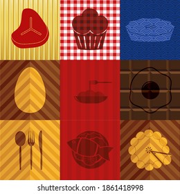 Conjunto de 9 iconos planos del restaurante. Delicado fondo. Ilustración. 