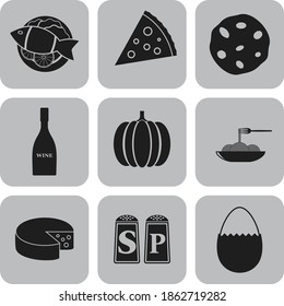Set of 9 restaurant flat icons. Handsome background. Artistic illustration. 