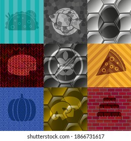 Set of 9 restaurant flat icons. Chic background. Vector illustration. 