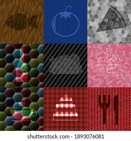 Set of 9 restaurant flat icons. Fashionable background. Illustration. 