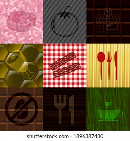 Conjunto de 9 iconos planos del restaurante. Fondo elegante. Ilustración intensa. 