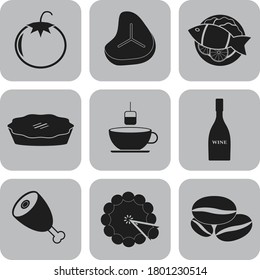 Conjunto de 9 iconos del restaurante. Fondo elegante. Ilustración. 