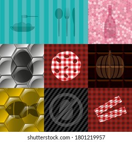 Set of 9 restaurant icons. Fancy background. Vector illustration. 