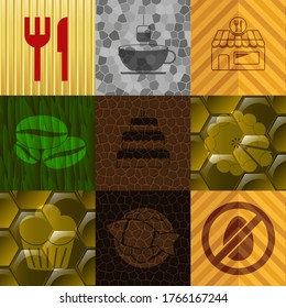 Set of 9 restaurant icons. Graceful background. Vector illustration. 