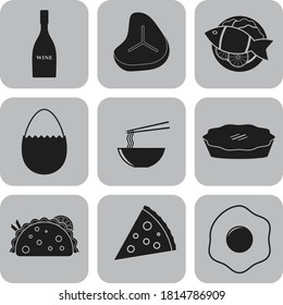 Conjunto de 9 iconos del restaurante. Bonito fondo. Ilustración intensa. 