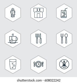 Set Of 9 Restaurant Icons. Includes Meal Hour, Restaurant, No Drinking And Other Symbols. Beautiful Design Elements.