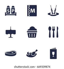 Set Of 9 Restaurant Icons Set.Collection Of Sweet, Meat, Canape And Other Elements.