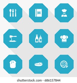 Set Of 9 Restaurant Icons Set.Collection Of Vermicelli, Pepperoni, Chef And Other Elements.