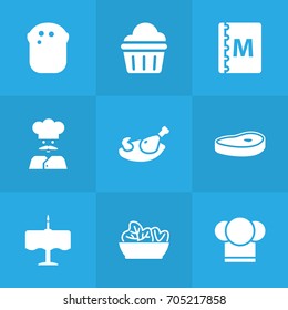 Set Of 9 Restaurant Icons Set.Collection Of Chef, Meat, Baguette And Other Elements.