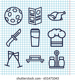 Set of 9 restaurant outline icons such as drink, chicken, wine glass, chef hat, menu, pepper, extinct sea creature, knife