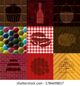 Set of 9 restaurant related flat icons. Classic background. Vector illustration. 