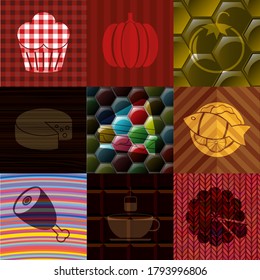 Set of 9 restaurant related flat icons. Delicate background. Artistic illustration. 
