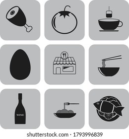 Set of 9 restaurant related flat icons. Fashionable background. Vector illustration. 