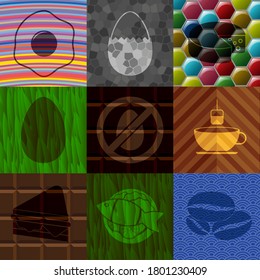 Set of 9 restaurant related flat icons. Fancy background. Intense illustration. 