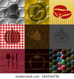 Set of 9 restaurant related flat icons. Handsome background. Intense illustration. 
