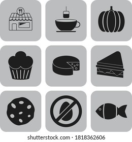 Set of 9 restaurant related flat icons. Luxurious background. Artistic illustration. 