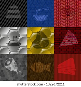 Set of 9 restaurant related flat icons. Fancy background. Intense illustration. 