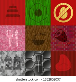 Set of 9 restaurant related flat icons. Graceful background. Illustration. 