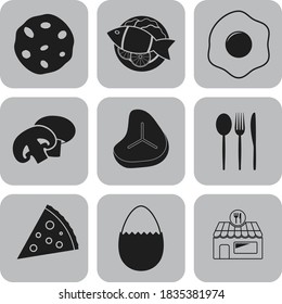 Set of 9 restaurant related flat icons. Fancy background. Illustration. 
