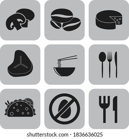 Set of 9 restaurant related flat icons. Fashionable background. Illustration. 