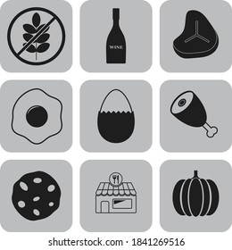 Set of 9 restaurant related flat icons. Fashionable background. Vector illustration. 