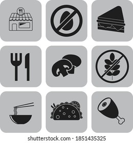 Set of 9 restaurant related flat icons. Handsome background. Vector illustration. 