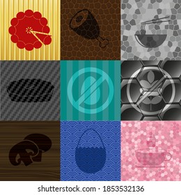 Set of 9 restaurant related flat icons. Luxurious background. Intense illustration. 