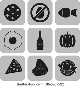 Set of 9 restaurant related flat icons. Luxurious background. Illustration. 