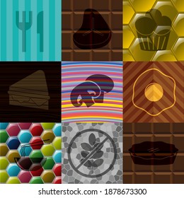 Set of 9 restaurant related flat icons. Handsome background. Intense illustration. 