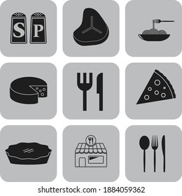 Set of 9 restaurant related flat icons. Classic background. Vector illustration. 