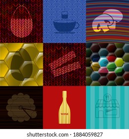 Set of 9 restaurant related flat icons. Fashionable background. Illustration. 