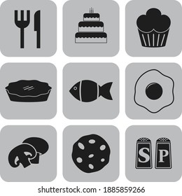 Set of 9 restaurant related flat icons. Delicate background. Intense illustration. 