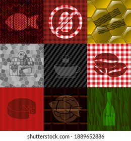 Set of 9 restaurant related flat icons. Fashionable background. Vector illustration. 