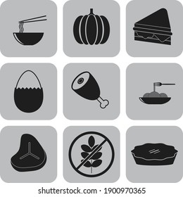 Set of 9 restaurant related flat icons. Delicate background. Vector illustration. 