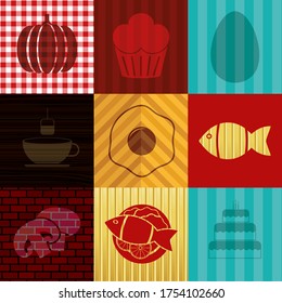 Set of 9 restaurant related icons. Fashionable background. Vector illustration. 