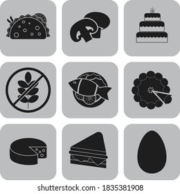Set of 9 restaurant related icons. Fancy background. Vector illustration. 