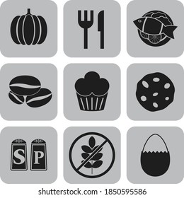 Set of 9 restaurant related icons. Classic background. Vector illustration. 