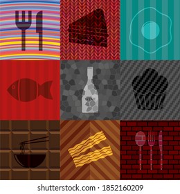 Set of 9 restaurant related icons. Luxurious background. Artistic illustration. 