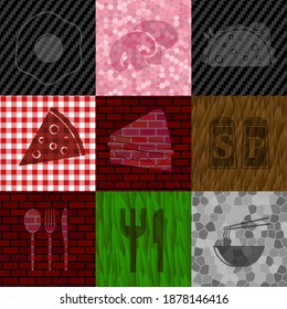 Set of 9 restaurant related icons. Chic background. Vector illustration. 